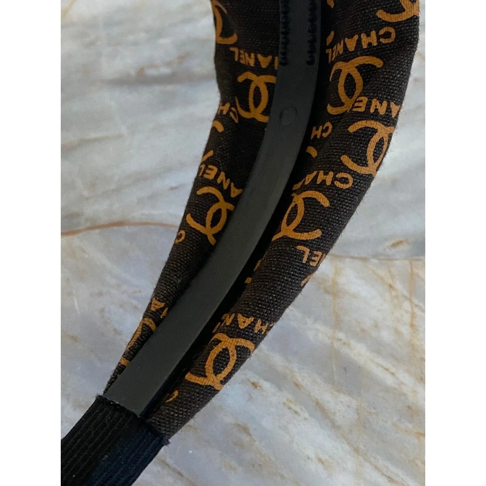 Brown Canvas Logo Print Knotted Headband Gold Tone Motif Accessory